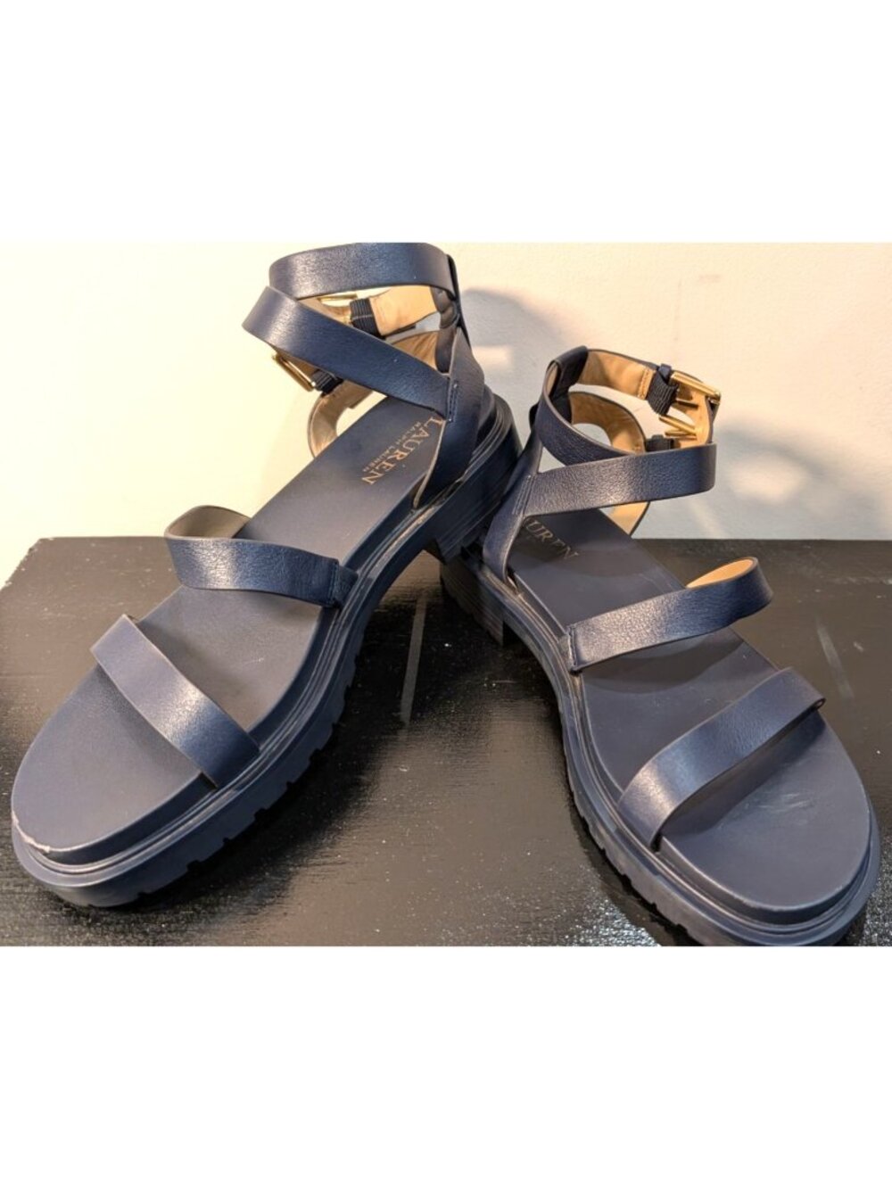 Ralph Lauren Kayleen Nappa LeatherAnkle-Strap Sandals, Navy, Women Size 7.5